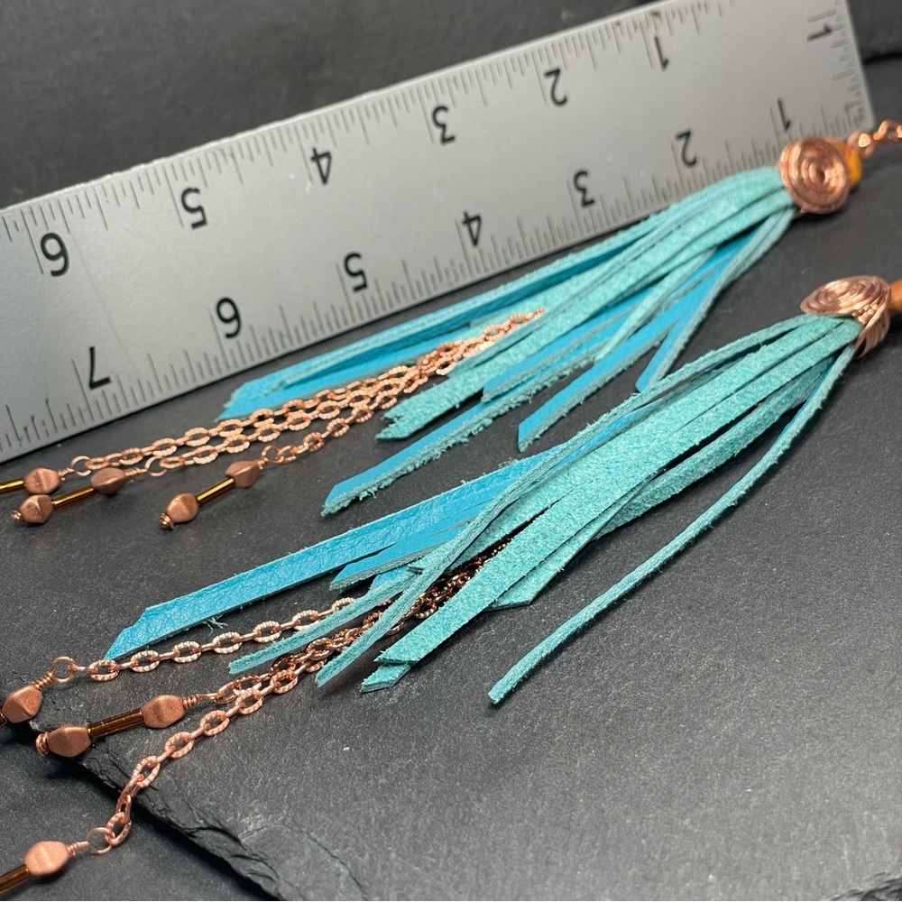 Natural Jasper And Genuine Turquoise Blue Leather Fringe And Copper Artisan - Picture 7 of 14